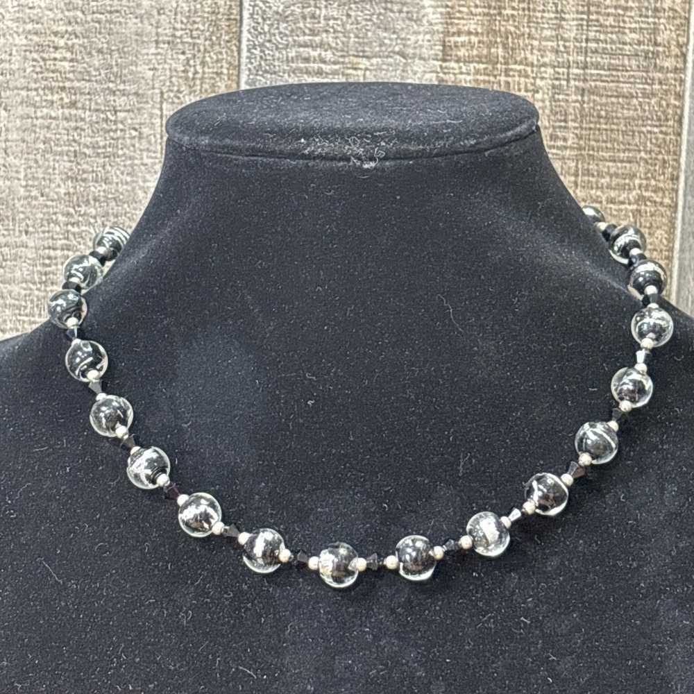 Vintage Black White Lampwork Glass Bead Necklace 925 Sterling Silver Clasp